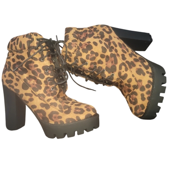 Yoki Shoes - Yoki elan-02 leopard print suede chunky platform lace up combat ankle boots 8